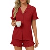 image:imageLYANER Womens Pajamas Set Button Down V Neck Short Sleeve Ruffle Pjs Top with Shorts SleepwearSolid Wine Red