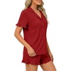 image:imageLYANER Womens Pajamas Set Button Down V Neck Short Sleeve Ruffle Pjs Top with Shorts SleepwearSolid Wine Red