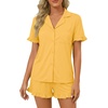 image:imageLYANER Womens Pajamas Set Button Down V Neck Short Sleeve Ruffle Pjs Top with Shorts SleepwearSolid Yellow
