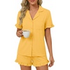 image:imageLYANER Womens Pajamas Set Button Down V Neck Short Sleeve Ruffle Pjs Top with Shorts SleepwearSolid Yellow