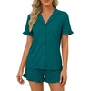 image:imageLYANER Womens Pajamas Set Button Down V Neck Short Sleeve Ruffle Pjs Top with Shorts SleepwearWood Green