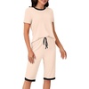 image:imageLYANER Womens Pajamas Set Short Sleeve Top and Capri Pants Soft 2 Piece Sleepwear Casual Lounge SetBeige