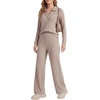 image:imageLYANER Womens Ribbed Knit Lounge Set 2 Piece Long Sleeve V Neck Cozy Pajamas Sets Soft SleepwearKhaki