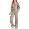 image:imageLYANER Womens Ribbed Knit Lounge Set 2 Piece Long Sleeve V Neck Cozy Pajamas Sets Soft SleepwearKhaki