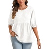image:imageLYANER Womens Round Neck Floral Textured Babydoll Peplum Tops Puff Half Sleeve Blouses ShirtBeige