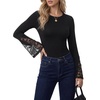 image:imageLYANER Womens Round Neck Lace Bell Long Sleeve Fitted Going Out Blouse Top ShirtBlack