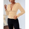 image:imageLYANER Womens Ruched Long Sleeve Low Cut Strenchy Elastic Waist Blouse Shirt TopBeige