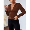 image:imageLYANER Womens Ruched Long Sleeve Low Cut Strenchy Elastic Waist Blouse Shirt TopBrown