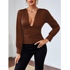 image:imageLYANER Womens Ruched Long Sleeve Low Cut Strenchy Elastic Waist Blouse Shirt TopBrown