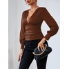 image:imageLYANER Womens Ruched Long Sleeve Low Cut Strenchy Elastic Waist Blouse Shirt TopBrown