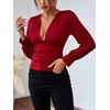 image:imageLYANER Womens Ruched Long Sleeve Low Cut Strenchy Elastic Waist Blouse Shirt TopBurgundy