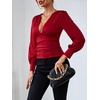 image:imageLYANER Womens Ruched Long Sleeve Low Cut Strenchy Elastic Waist Blouse Shirt TopBurgundy