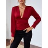 image:imageLYANER Womens Ruched Long Sleeve Low Cut Strenchy Elastic Waist Blouse Shirt TopBurgundy