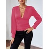 image:imageLYANER Womens Ruched Long Sleeve Low Cut Strenchy Elastic Waist Blouse Shirt TopRose