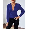 image:imageLYANER Womens Ruched Long Sleeve Low Cut Strenchy Elastic Waist Blouse Shirt TopRoyal Blue