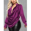 image:imageLYANER Womens Satin Collar Neck Drape Ruched Front Long Sleeve Blouse Shirt TopRose