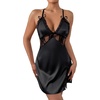 image:imageLYANER Womens Satin Lace V Neck Chemise Lingerie Split Slit Babydoll Nightgown Nightdress SleepwearBlack