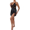 image:imageLYANER Womens Satin Lace V Neck Chemise Lingerie Split Slit Babydoll Nightgown Nightdress SleepwearBlack