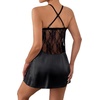 image:imageLYANER Womens Satin Lace V Neck Chemise Lingerie Split Slit Babydoll Nightgown Nightdress SleepwearBlack