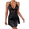 image:imageLYANER Womens Satin Lace V Neck Chemise Lingerie Split Slit Babydoll Nightgown Nightdress SleepwearBlack
