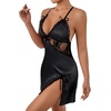 image:imageLYANER Womens Satin Lace V Neck Chemise Lingerie Split Slit Babydoll Nightgown Nightdress SleepwearBlack