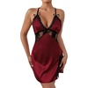 image:imageLYANER Womens Satin Lace V Neck Chemise Lingerie Split Slit Babydoll Nightgown Nightdress SleepwearBurgundy