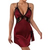 image:imageLYANER Womens Satin Lace V Neck Chemise Lingerie Split Slit Babydoll Nightgown Nightdress SleepwearBurgundy