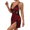 image:imageLYANER Womens Satin Lace V Neck Chemise Lingerie Split Slit Babydoll Nightgown Nightdress SleepwearBurgundy
