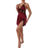 image:imageLYANER Womens Satin Lace V Neck Chemise Lingerie Split Slit Babydoll Nightgown Nightdress SleepwearBurgundy