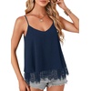 image:imageLYANER Womens Sexy Beach Cami Shirts Spaghetti Strap V Neck Sleeveless Flowy Cute Lace Trim TopsNavy Blue