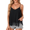 image:imageLYANER Womens Sexy Beach Cami Shirts Spaghetti Strap V Neck Sleeveless Flowy Cute Lace Trim TopsSolid Black