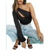 image:imageLYANER Womens Sexy One Shoulder Cut Out Bishop Long Sleeve Crop Tee Blouse TopBlack