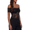 image:imageLYANER Womens Sheer Floral Lace Off the Shoulder Short Sleeve Slim Fit Y2k Blouse TopsBlack