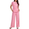 image:imageLYANER Womens Short Sleeve Pajamas Set Stripe Round Neck Lounge Sets Sleepwear with PocketsPink