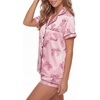 image:imageLYANER Womens Silky Satin Pajamas Set Short Sleeve Button Down Shirt With Shorts Pjs Set SleepwearBow Pink
