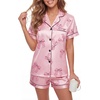 image:imageLYANER Womens Silky Satin Pajamas Set Short Sleeve Button Down Shirt With Shorts Pjs Set SleepwearBow Pink