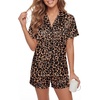 image:imageLYANER Womens Silky Satin Pajamas Set Short Sleeve Button Down Shirt With Shorts Pjs Set SleepwearBrown Leopard