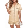 image:imageLYANER Womens Silky Satin Pajamas Set Short Sleeve Button Down Shirt With Shorts Pjs Set SleepwearChampagne Beige