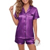 image:imageLYANER Womens Silky Satin Pajamas Set Short Sleeve Button Down Shirt With Shorts Pjs Set SleepwearDeep Purple2