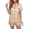 image:imageLYANER Womens Silky Satin Pajamas Set Short Sleeve Button Down Shirt With Shorts Pjs Set SleepwearKhaki