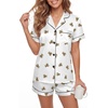 image:imageLYANER Womens Silky Satin Pajamas Set Short Sleeve Button Down Shirt With Shorts Pjs Set SleepwearKhaki Bear