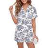 image:imageLYANER Womens Silky Satin Pajamas Set Short Sleeve Button Down Shirt With Shorts Pjs Set SleepwearPrinted Navy Blue