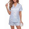 image:imageLYANER Womens Silky Satin Pajamas Set Short Sleeve Button Down Shirt With Shorts Pjs Set SleepwearStriped Blue