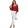 image:imageLYANER Womens Square Neck Ruffle Trim Shirred Puff Long Sleeve Crop Top Blouse ShirtRed