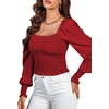 image:imageLYANER Womens Square Neck Ruffle Trim Shirred Puff Long Sleeve Crop Top Blouse ShirtRed