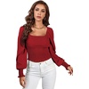 image:imageLYANER Womens Square Neck Ruffle Trim Shirred Puff Long Sleeve Crop Top Blouse ShirtRed