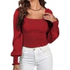 image:imageLYANER Womens Square Neck Ruffle Trim Shirred Puff Long Sleeve Crop Top Blouse ShirtRed