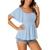 image:imageLYANER Womens Square Neck Smocked Peplum Blouse Top Ruffle Short Sleeve Flowy Babydoll Cute Shirt TopsBaby Blue