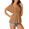 image:imageLYANER Womens Square Neck Smocked Peplum Blouse Top Ruffle Short Sleeve Flowy Babydoll Cute Shirt TopsDark Khaki