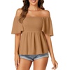 image:imageLYANER Womens Square Neck Smocked Peplum Blouse Top Ruffle Short Sleeve Flowy Babydoll Cute Shirt TopsDark Khaki